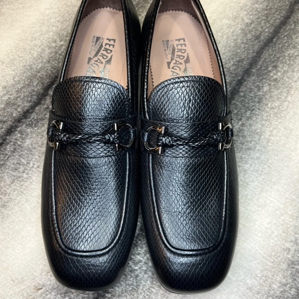 Salvatore Ferragamo Pago Nero Black Snake Embossed Leather Loafers